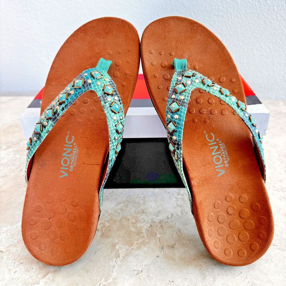 Vionic Floriana Summer Sandals Women10 Teal Snake Embellished Flip Orthotic Box